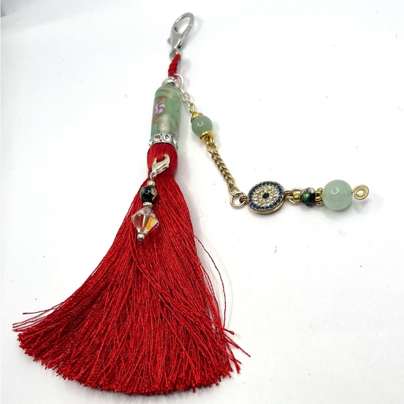 Handmade Red Tassel Charm with Aventurine Beads & Evil Eye – bag charm- New - Picture 1 of 6